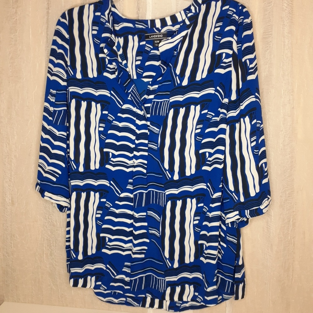 Lands End Blue and White Sail‎ Boat Blouse